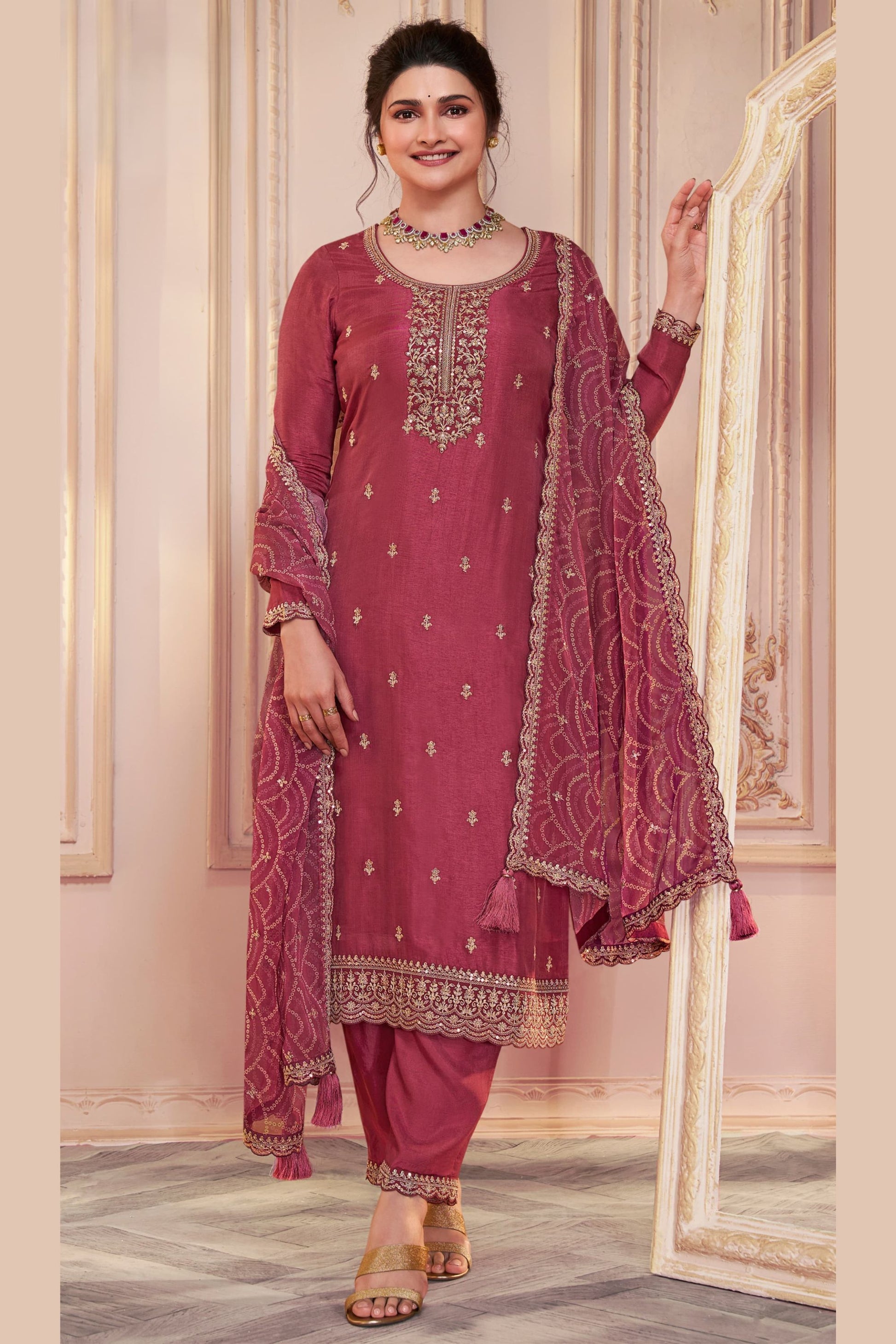 Dark Peach Georgette Silk Kameez with Pant For Indian Suit Festivals & Pakistani Weddings - Embroidery Work