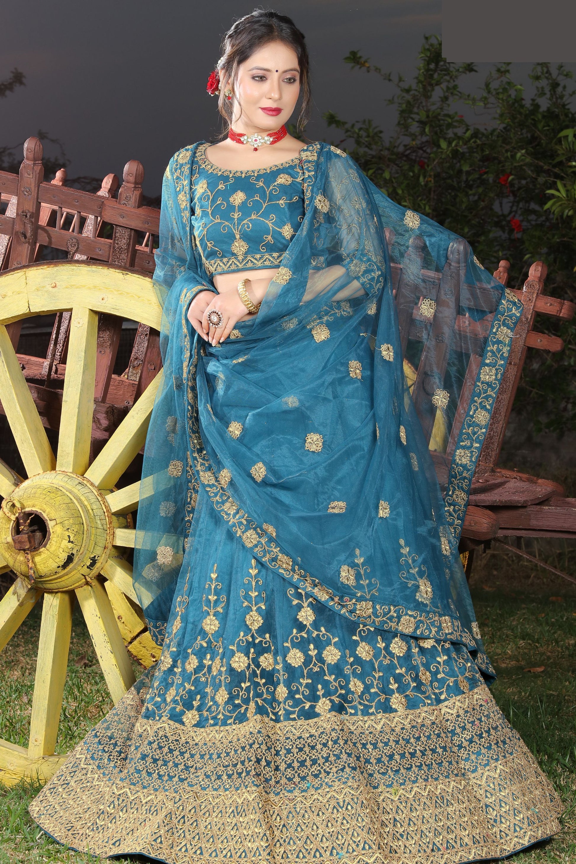 Blue Gray Pakistani Net Lehenga Choli For Indian Festivals & Weddings - Thread Embroidery Work,