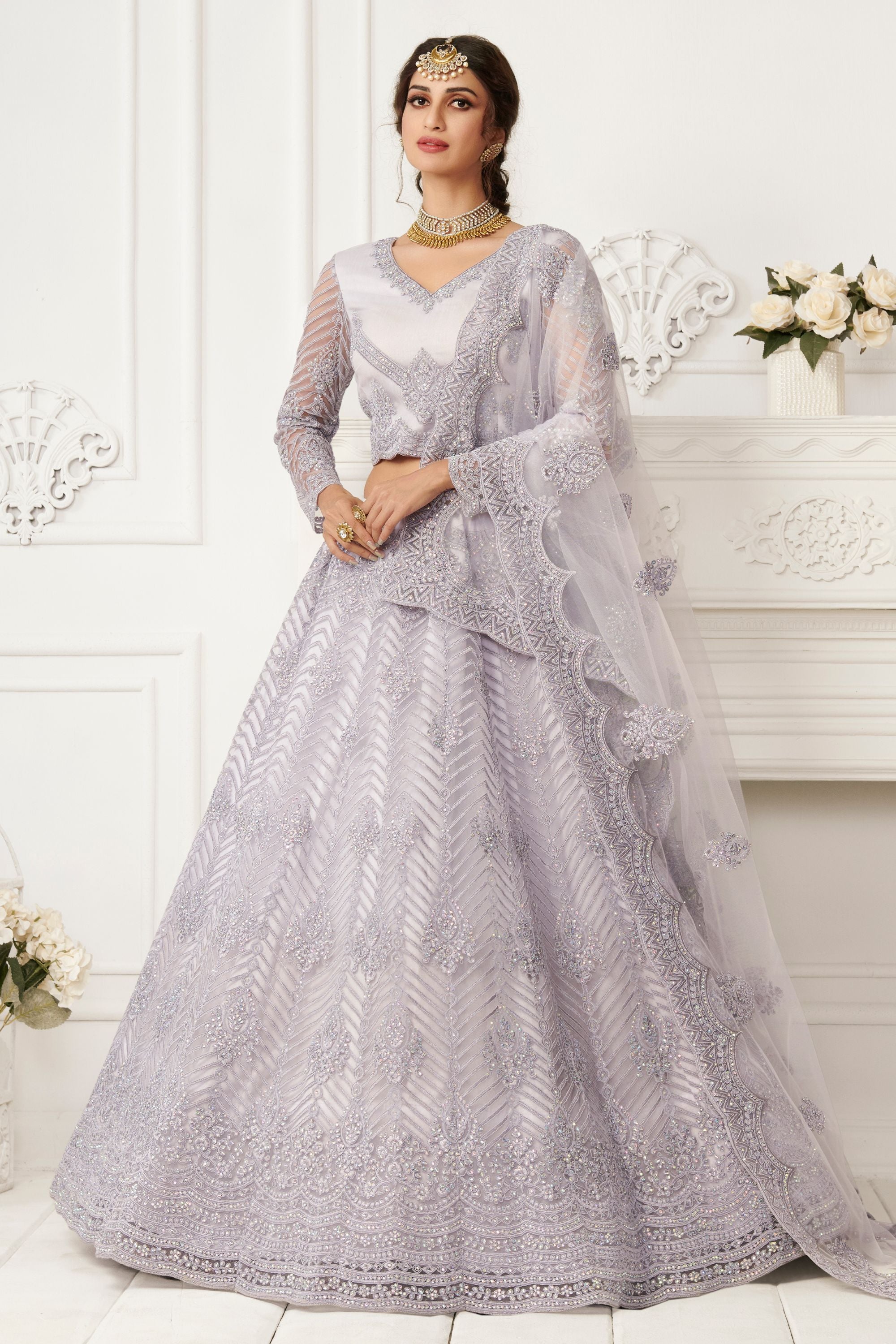 Silver Color Net Lehenga Choli For Indian Festivals & Weddings - Thread Embroidery Work, Codding Embroidery Work, Stone Work