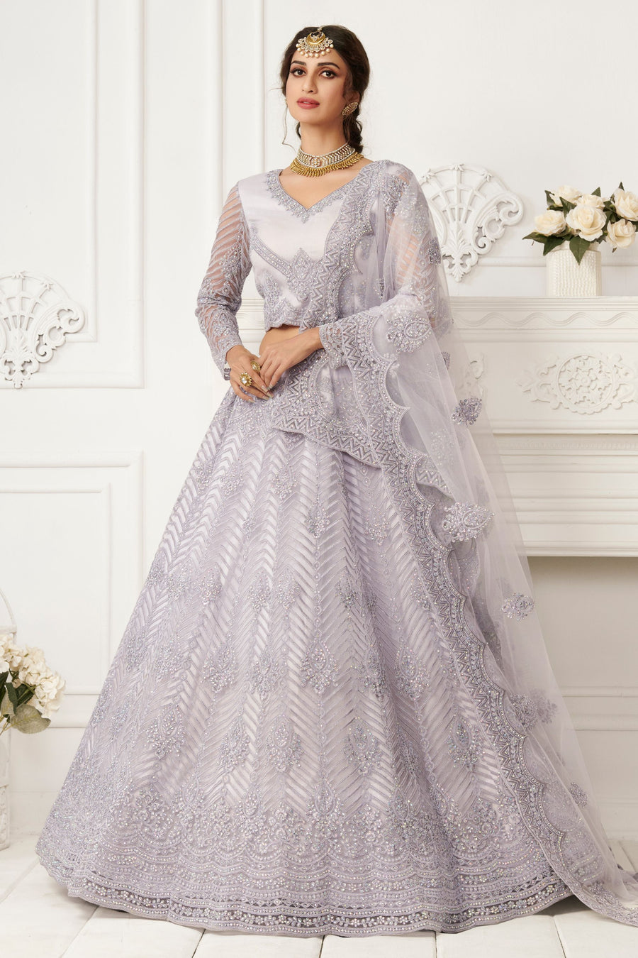 Silver Color Net Lehenga Choli For Indian Festivals & Weddings - Thread Embroidery Work, Codding Embroidery Work, Stone Work