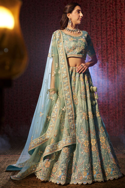 Turquoise Organza Lehenga Choli For Indian Festival & Weddings - Sequence Embroidery Work, Thread Embroidery Work, Dori Work, Zarkan Work