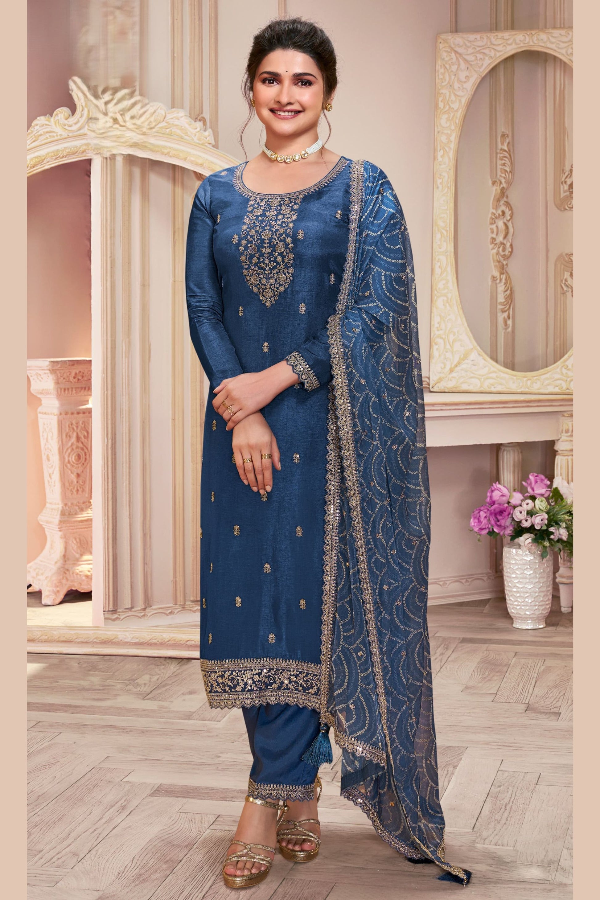 Dark Blue Georgette Silk Kameez with Pant For Indian Suit Festivals & Pakistani Weddings - Embroidery Work