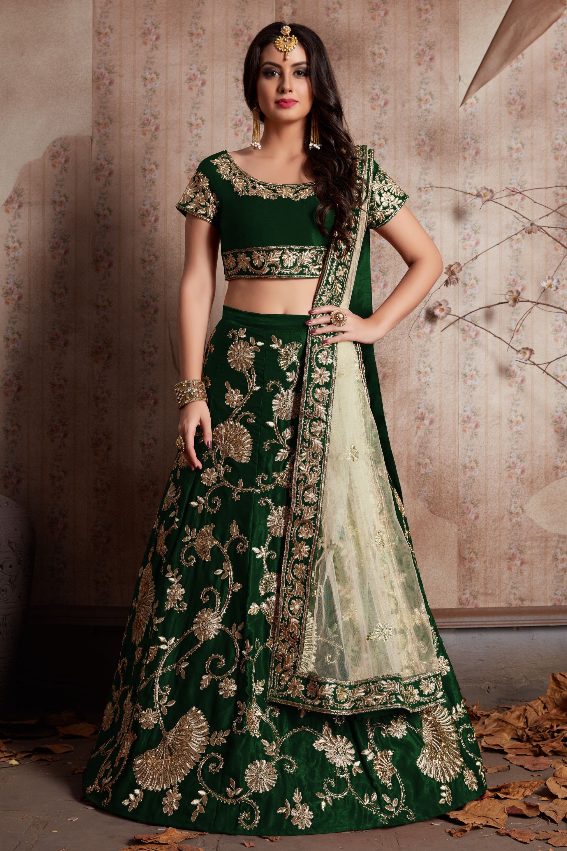 Green Velvet Silk Lehenga Choli For Indian Festival & Weddings - Sequence Embroidery Work, Lace Work, Zari Work