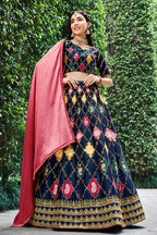 Navy Blue Silk Lehenga Choli For Indian Festivals & Weddings - Sequence Embroidery Work, Thread Work