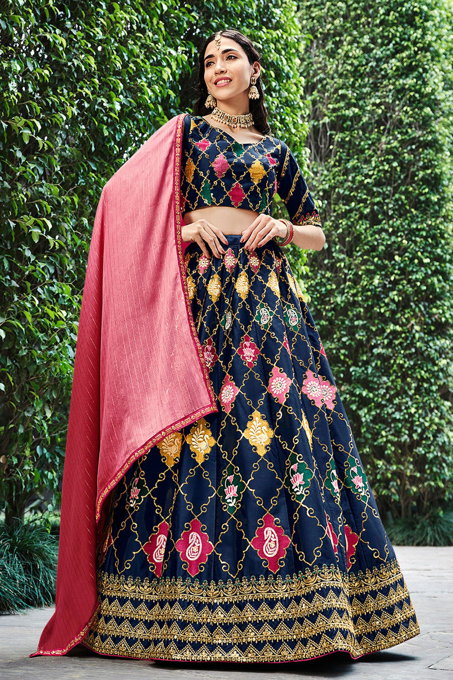 Navy Blue Silk Lehenga Choli For Indian Festivals & Weddings - Sequence Embroidery Work, Thread Work