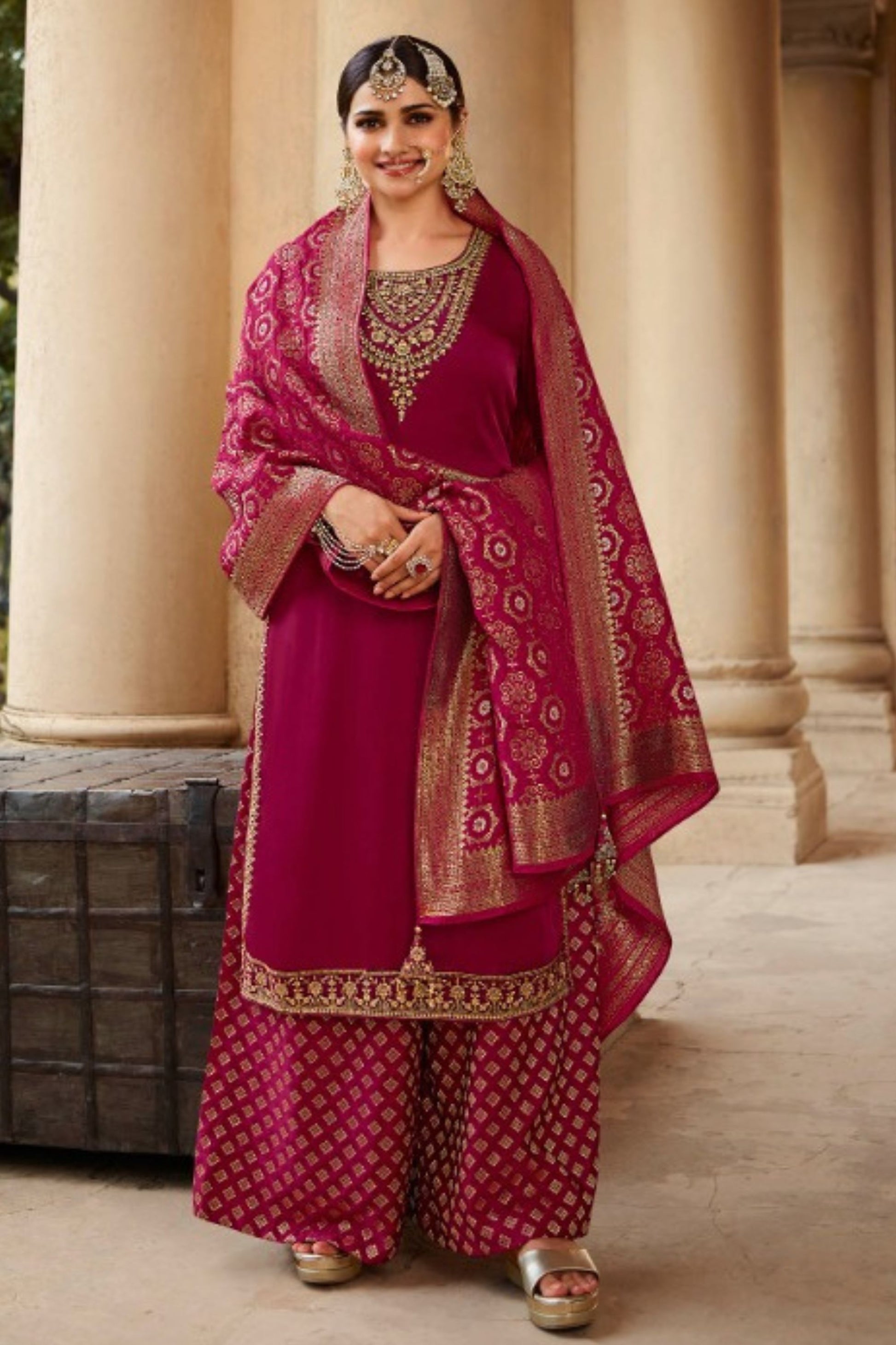 Red Georgette Silk Plus Size Upto 11XL Size Kameez and Palazzo Suit For Indian Wedding & Festival - Embroidery Work