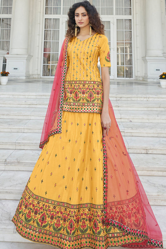 Yellow Pakistani Chinon Lehenga Choli For Indian Festivals & Weddings - Sequence Embroidery Work, Thread Embroidery Work,