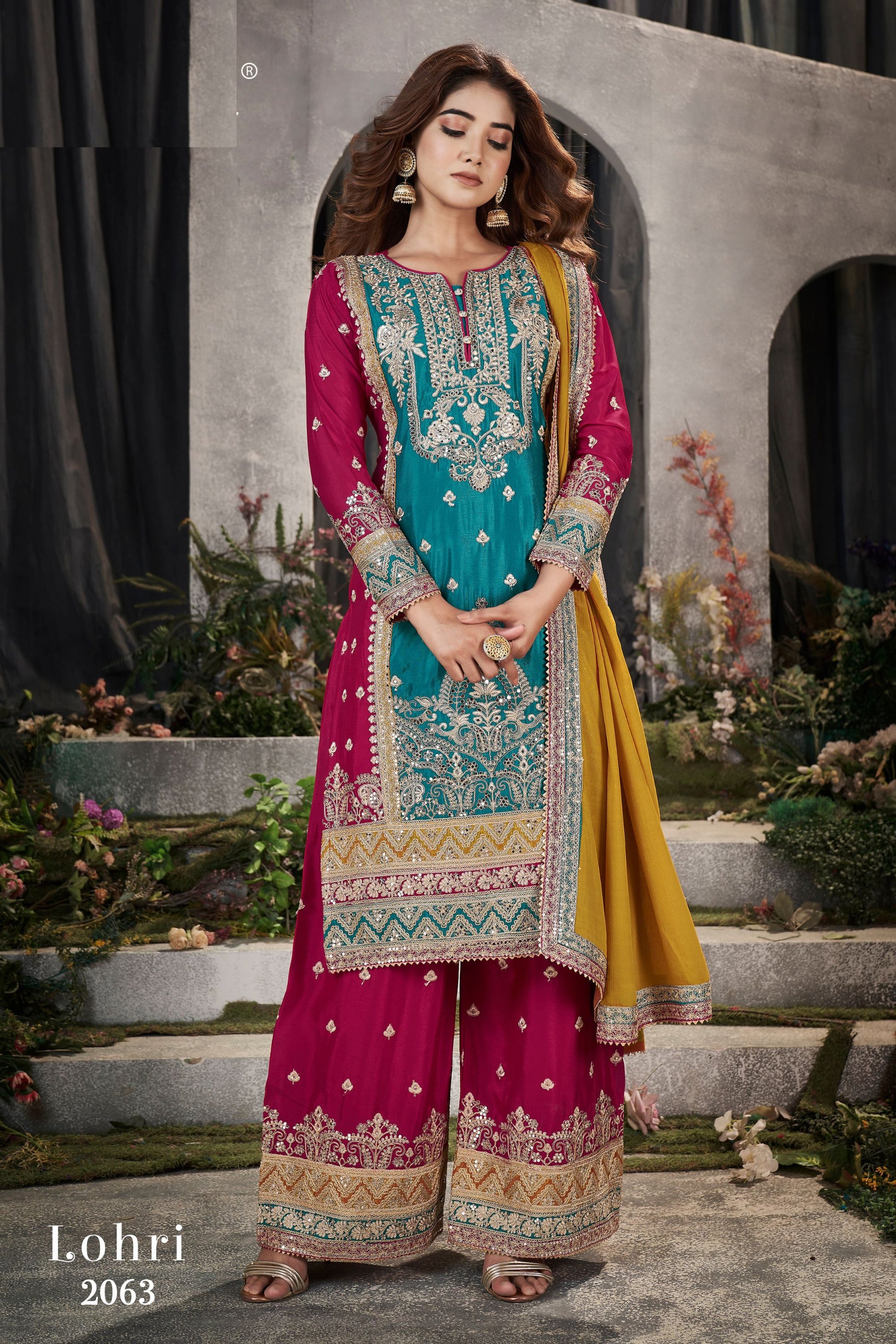 Turquoise Chinon Silk Plazo Suit For Indian Festivals & Weddings - Sequence Embroidery Work, Mirror Work