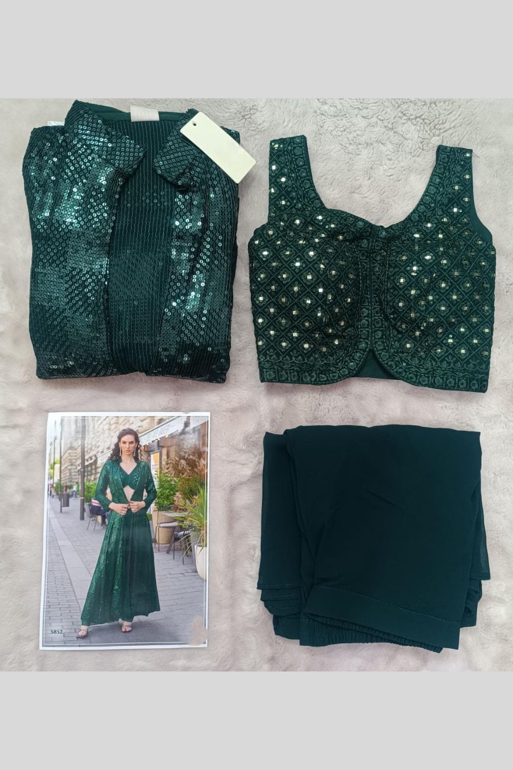 Green Georgette Plazo Choli With Jacket For Indian & Pakistani Wedding Festival - Thread & Sequins Embroidery Work