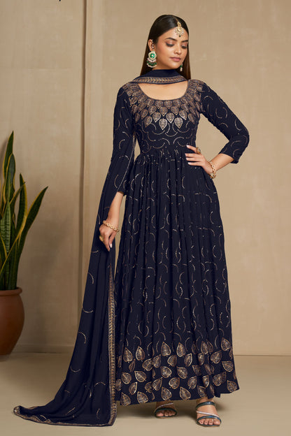 Blue Georgette Full Length Anarkali Gown For Indian Festivals & Weddings - Sequence Embroidery Work, Zari Work