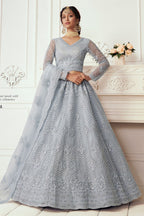 Gray Net Lehenga Choli For Indian Festivals & Weddings - Thread Embroidery Work, Codding Embroidery Work, Stone Work