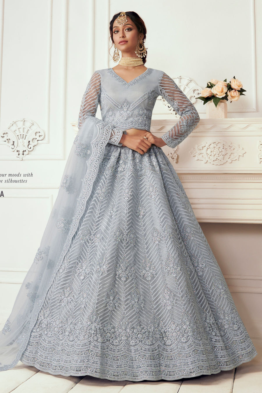 Gray Net Lehenga Choli For Indian Festivals & Weddings - Thread Embroidery Work, Codding Embroidery Work, Stone Work