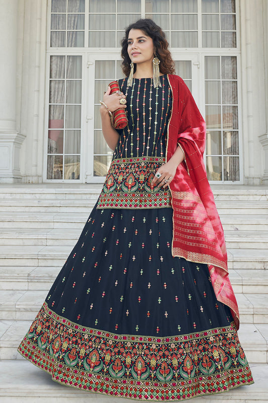 Navy Blue Pakistani Chinon Lehenga Choli For Indian Festivals & Weddings - Sequence Embroidery Work, Thread Embroidery Work,