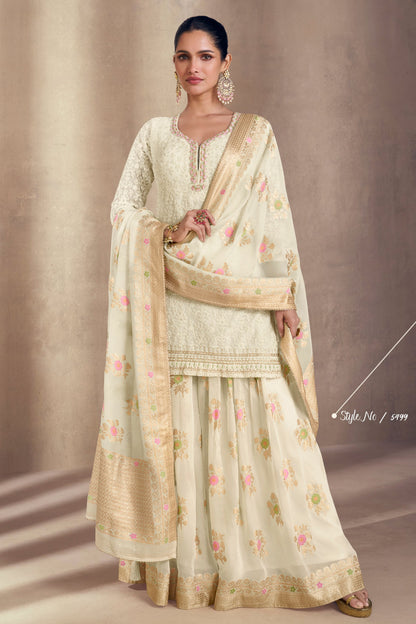 Off White Jacquard Silk Plazo Georgette Kameez For Indian Festivals & Pakistani Weddings - Embroidery Work