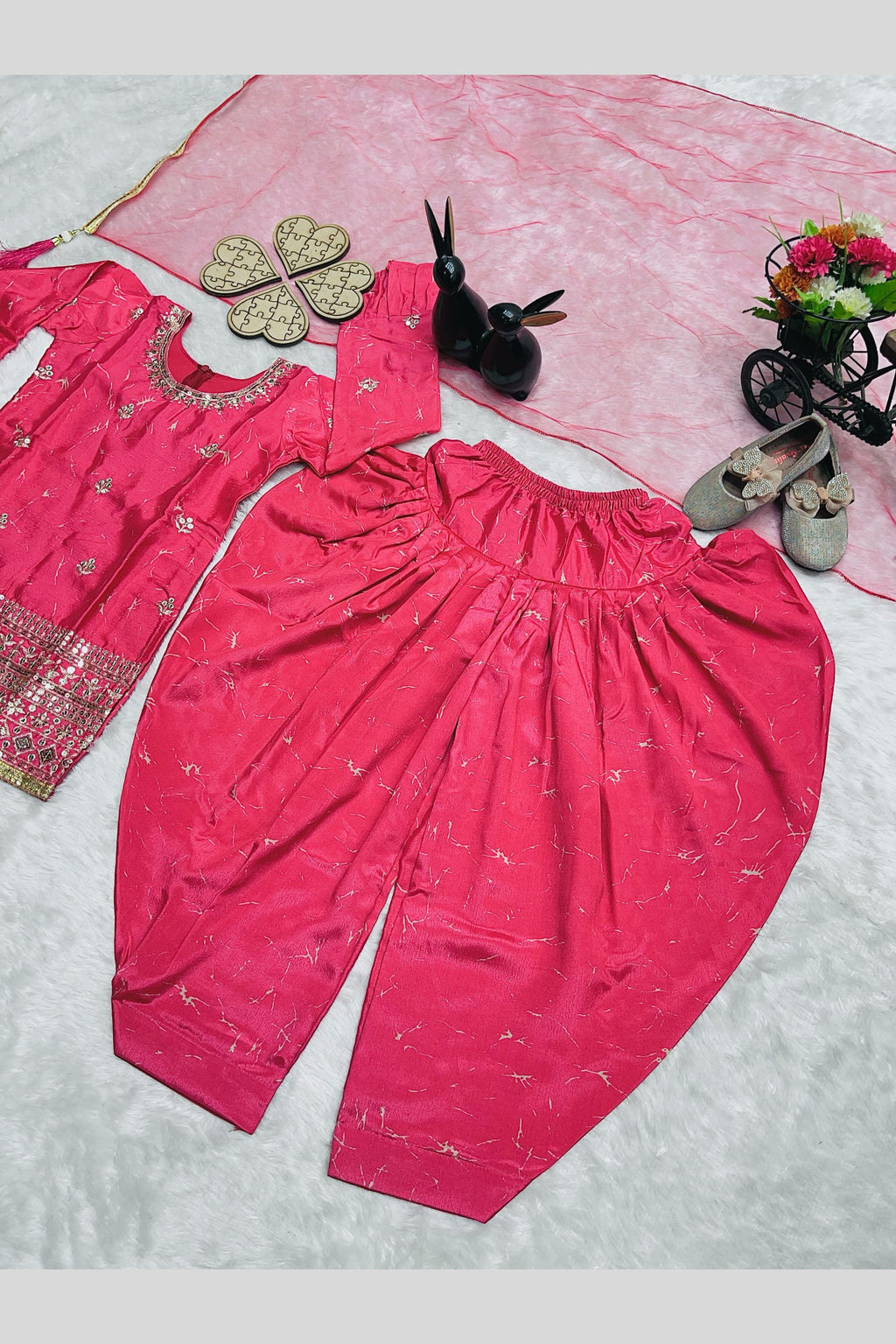 Pinkish Red Chinon Silk Kids Wear Girls Dhoti Style Salwar with Kameez & Dupatta Suit for Kids for Festivals & Wedding - Sequence Embroidery Work, Print Work