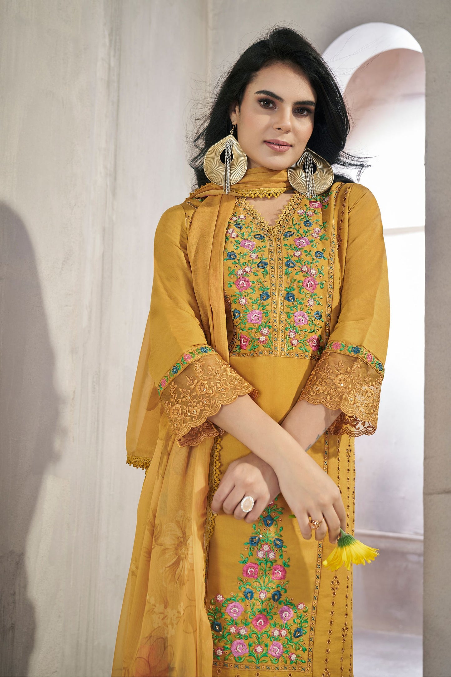 Mustard Viscose Silk Kameez with Pant Suit For Indian Festivals & Pakistani Weddings - Embroidery Work. Print Work