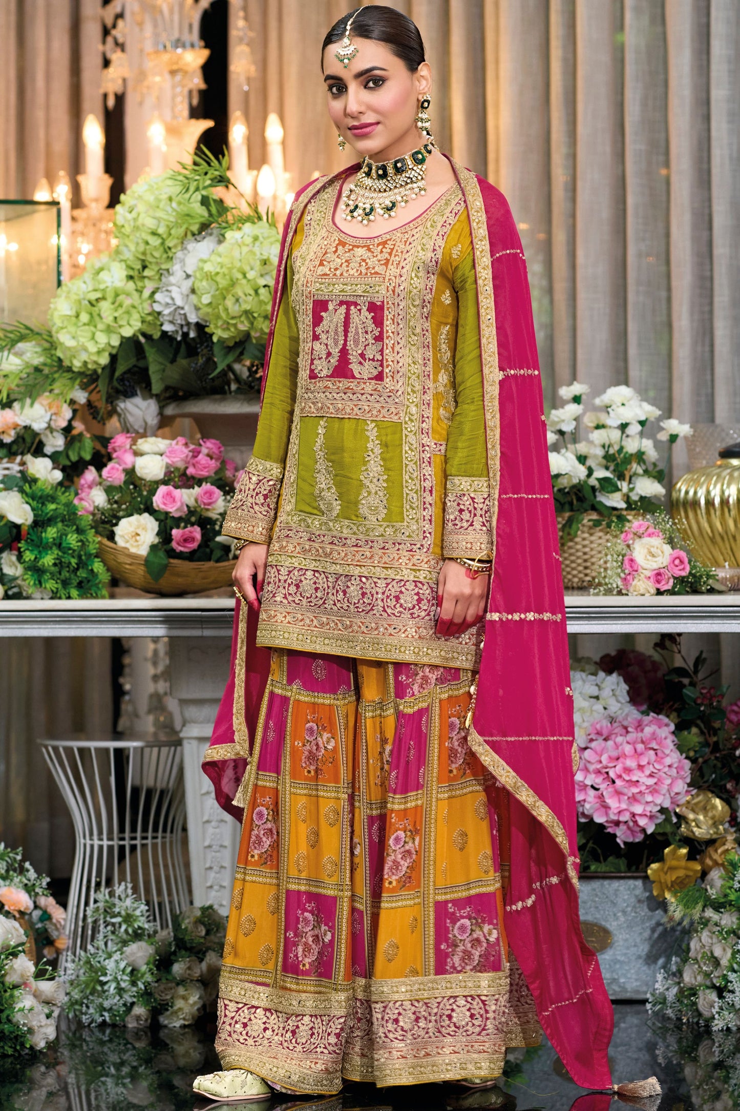 Olive Chinon Silk Kameez with Plazo For Indian Festivals & Weddings - Embroidery Work