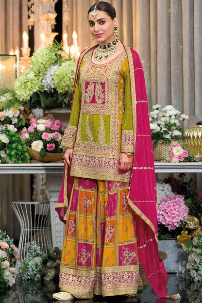 Olive Chinon Silk Kameez with Plazo For Indian Festivals & Weddings - Embroidery Work