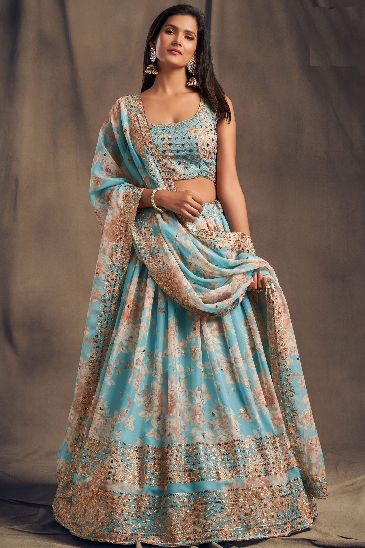 Light Blue Organza Lehenga Choli For Indian Festival & Weddings - Embroidery Work, Print Work