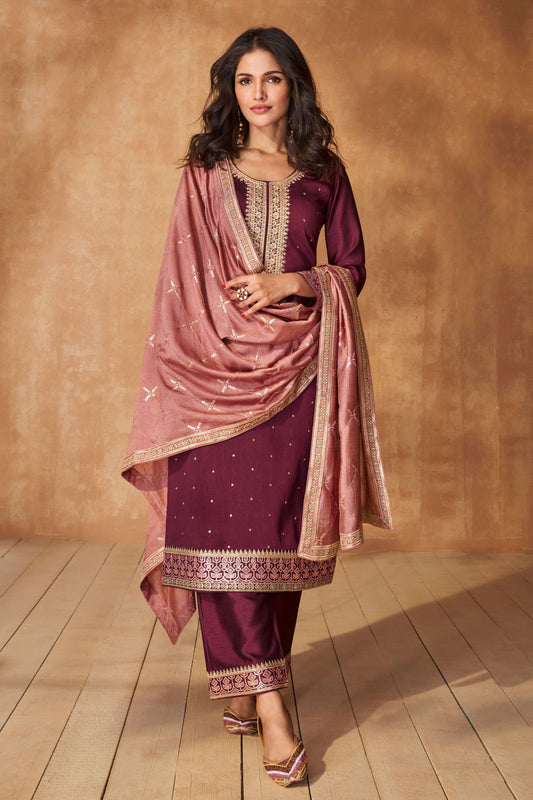 Maroon Silk Salwar Kameez with Pant For Indian Festivals & Weddings - Thread Embroidery Work