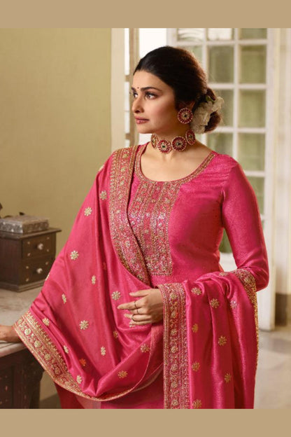 Pink Georgette Silk Salwar Kameez Suit For Indian Festivals & Pakistani Weddings Dress - Thread Embroidery Work