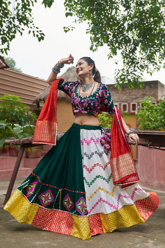 Multicolor Rayon Chaniya Choli For Navratri Garba Festivals 7 Meters Flair - Embroidery Work, Real Mirror Work