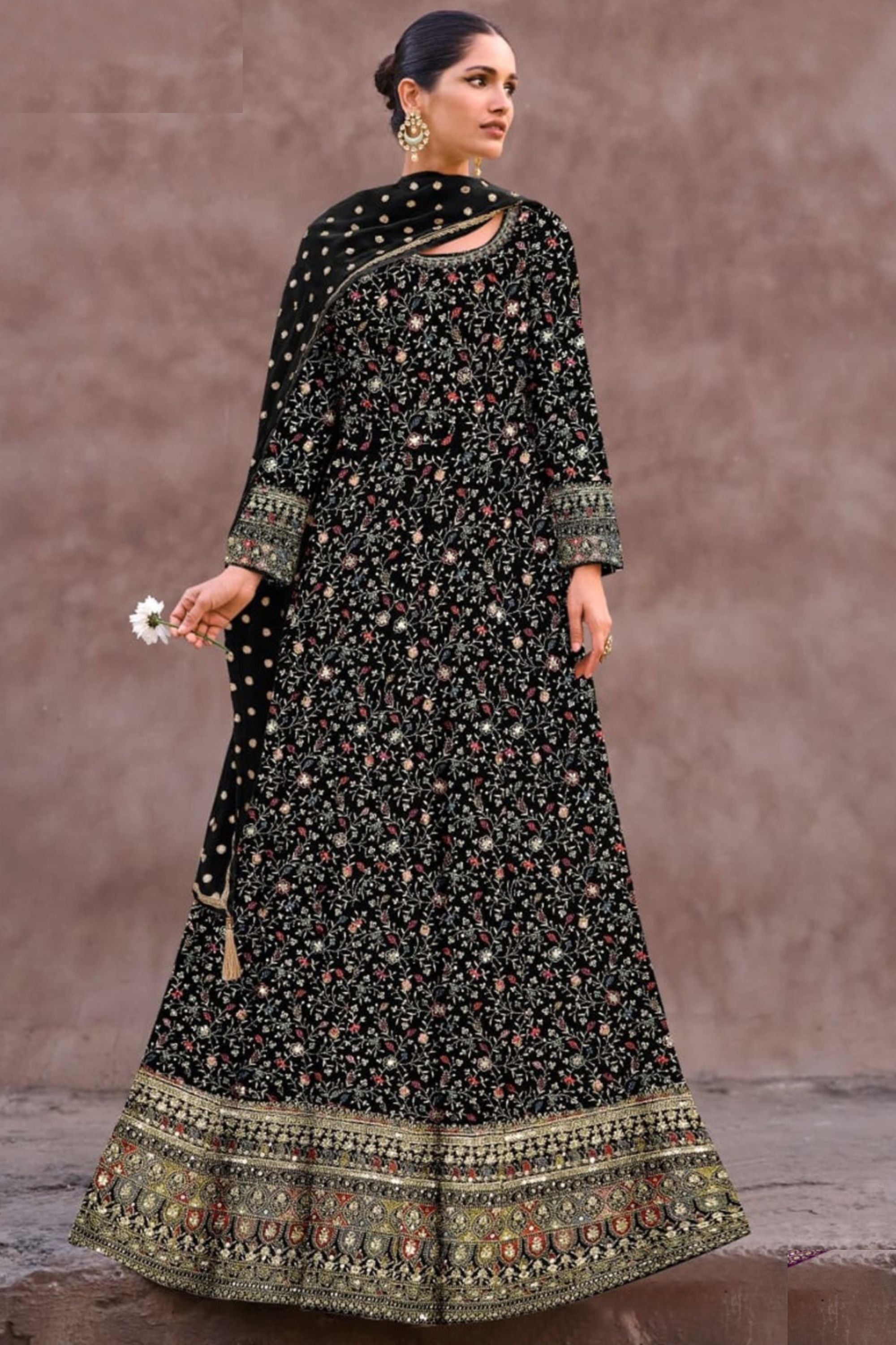 Black Georgette Floor Length Long Anarkali Gown For Indian Festivals & Pakistani Weddings Dress - Embroidery Work