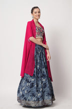 Navy Blue Pakistani Chinon Printed Lehenga Choli For Indian Festivals & Weddings - Print Work, Sequence Embroidery Work,