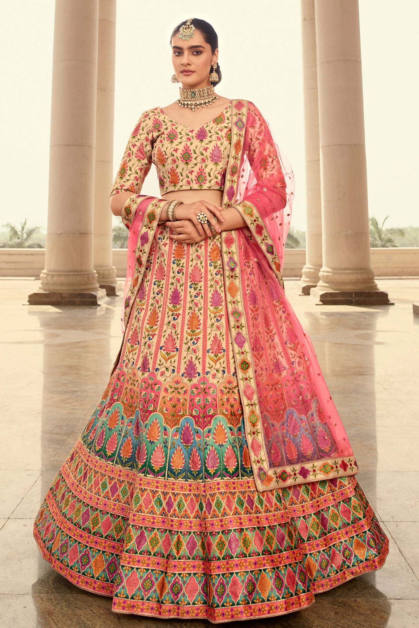 Beige Art Silk Lehenga Choli For Indian Weddings & Festivals - Thread Work, Swarovski Work, Print Work