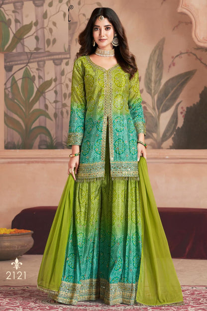 Green Chinon Silk Bandhani Style Pattern Palazzo Suit For Indian Festivals & Weddings - Sequence Embroidery Work, Mirror Work, Print Work