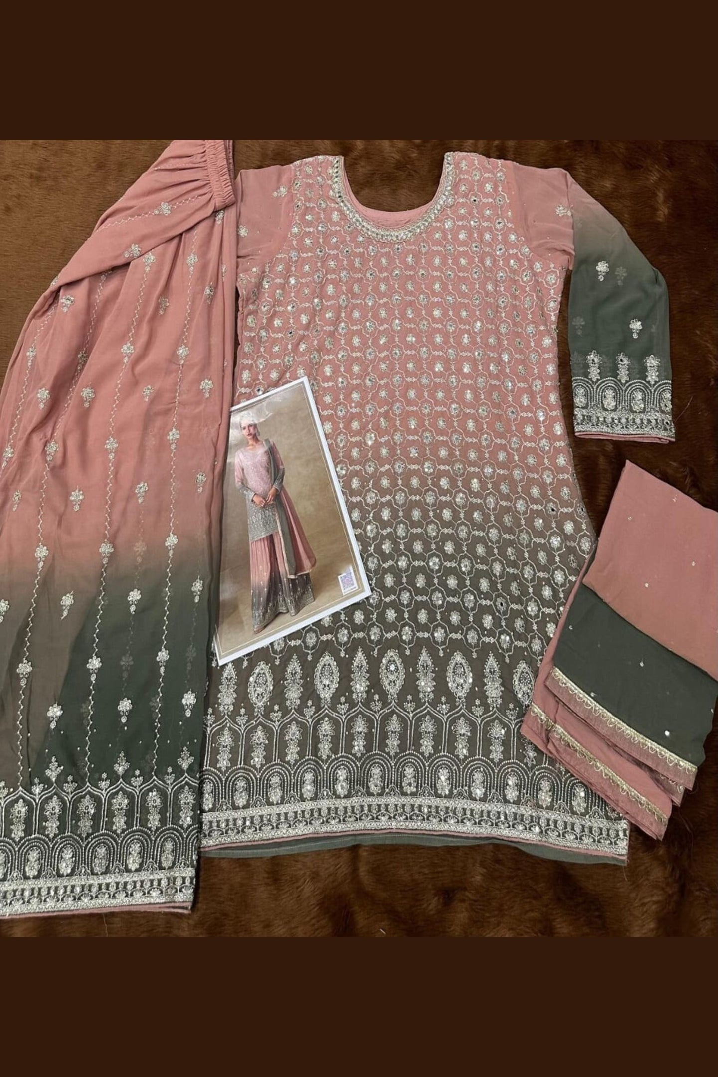 Dusty Rose Georgette Dual Color Palazzo Suit For Indian & Pakistani Wedding Festival - Thread & Sequins Embroidery Work
