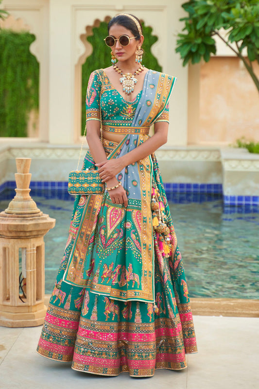 Teal Yellow Silk Lehenga Choli For Indian Festivals & Weddings - Embroidery Work, Mirror Work
