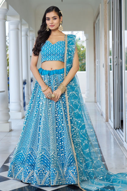 Turquoise Net Embroidered Lehenga Choli For Indian Festival & Weddings - Embroidery Work