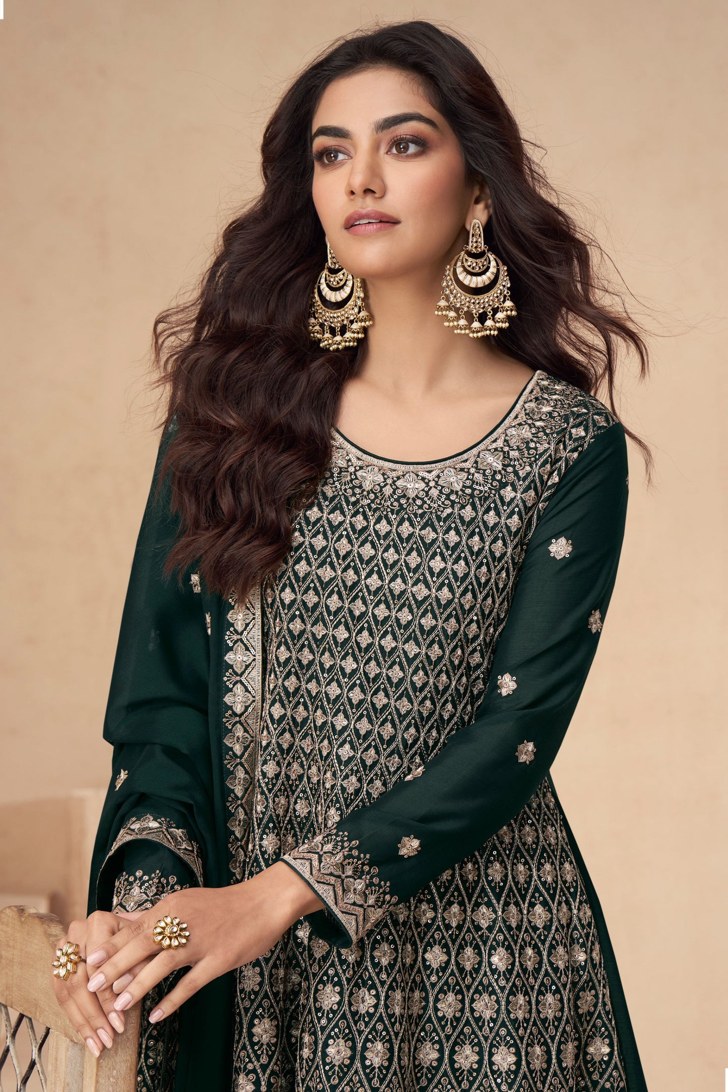 Dark Green Chinon Silk Plazo Suit For Wedding & Festival - Embroidery Work