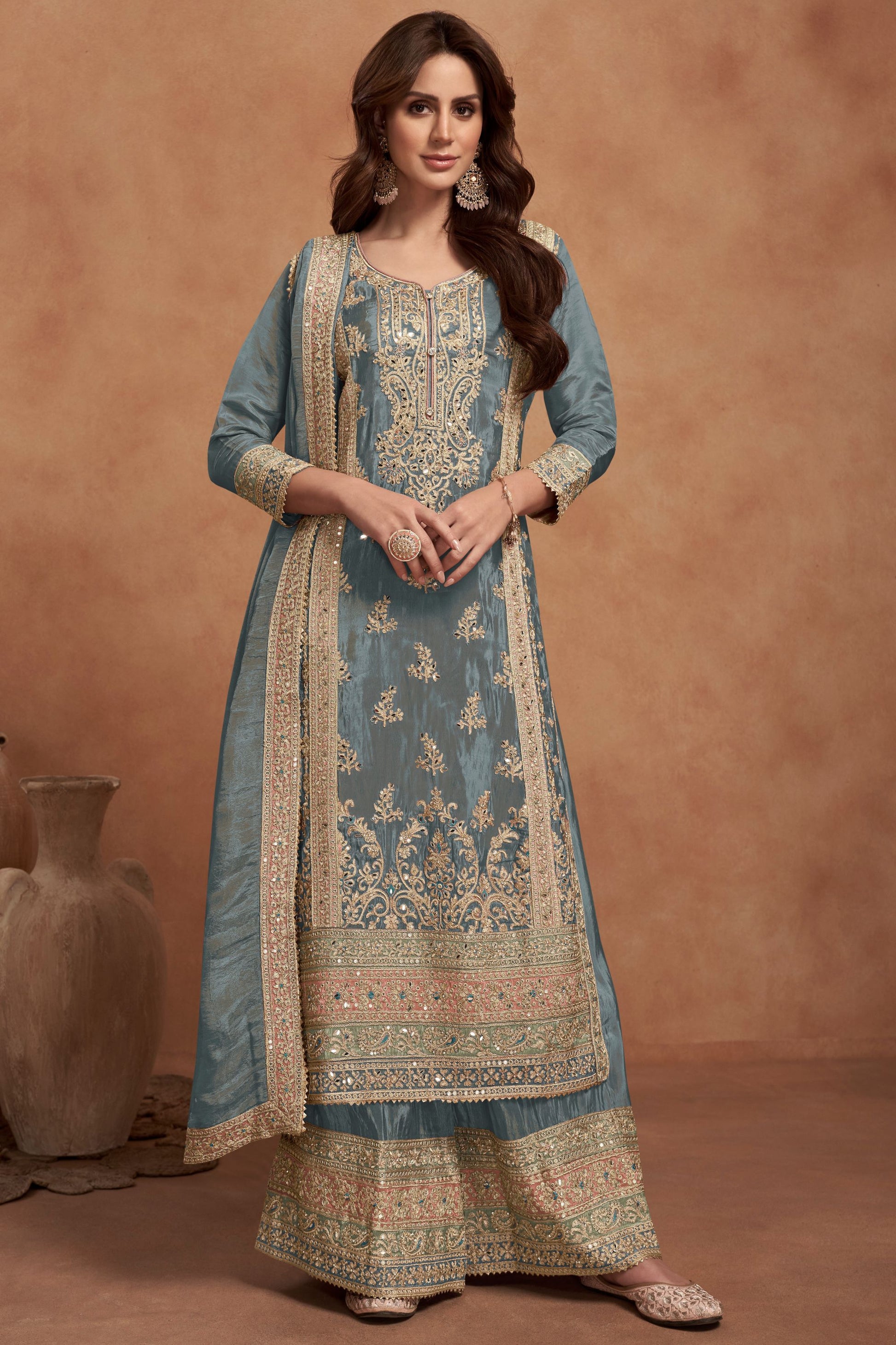 Grey Simar Silk Plazo Suit For Indian Festivals & Weddings - Embroidery Work