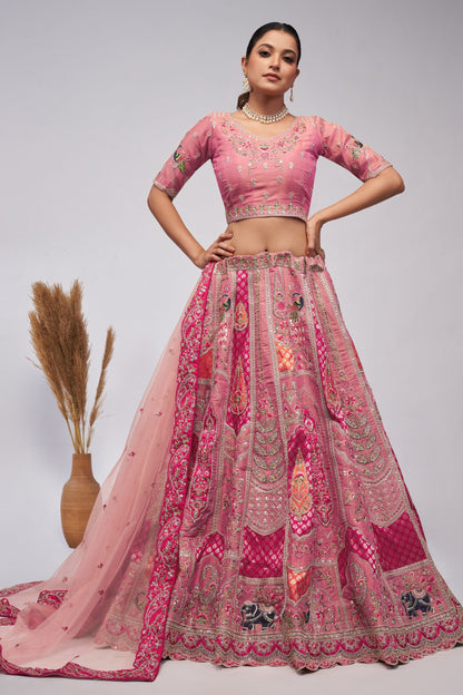 Pink Zari Silk Lehenga Choli For Indian Festivals & Weddings - Sequins Work, Patch Work, Zarkan Work, Thread Work