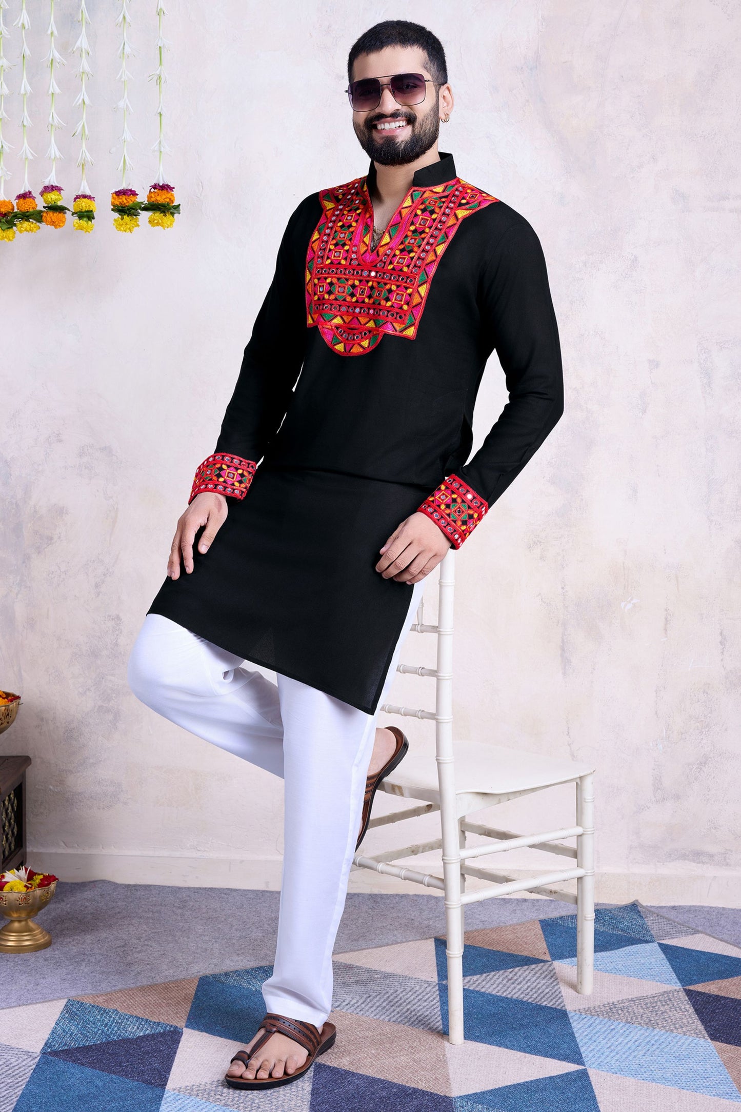 Black Rayon Kurta Pyjama for Men For Navratri Garba Festivals - Embroidery Work, Real Mirror Work