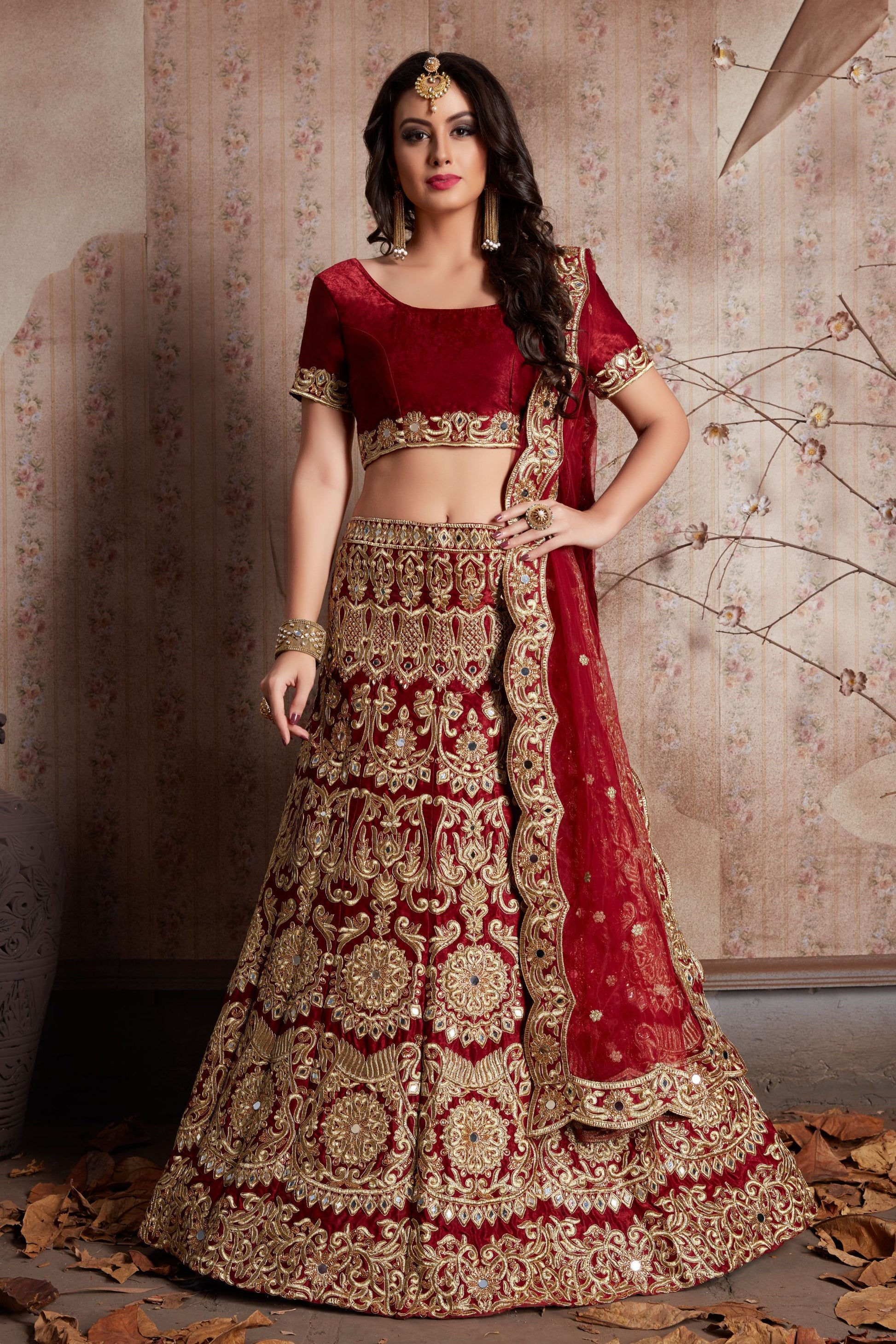 Maroon Velvet Silk Lehenga Choli For Indian Festival & Weddings - , Mirror Work, Zari Work, Dori Work