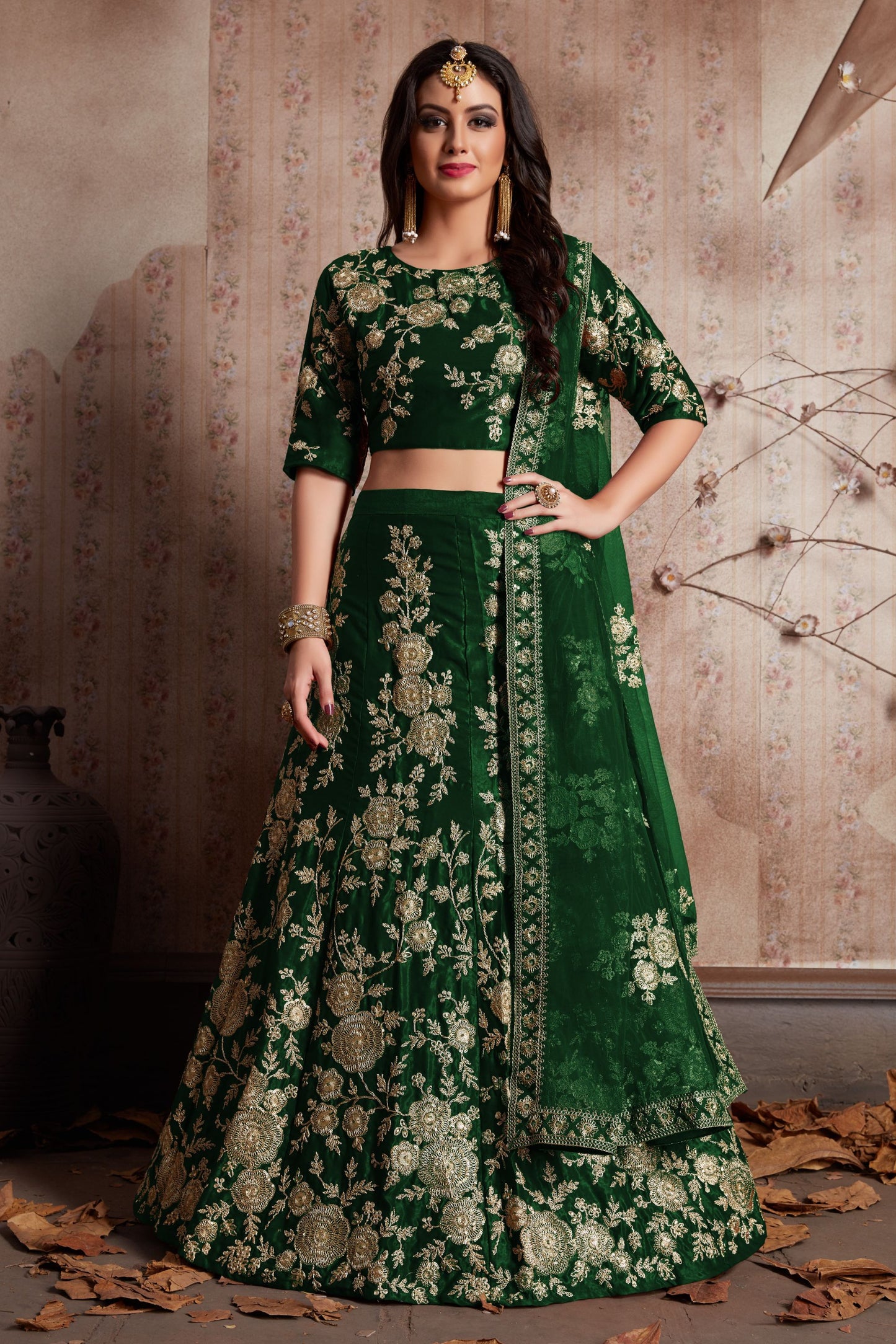 Green Velvet Silk Lehenga Choli For Indian Festival & Weddings - Sequence Embroidery Work, Lace Work, Dori Work