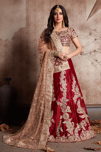 Maroon Velvet Silk Lehenga Choli For Indian Festival & Weddings - Sequence Embroidery Work, Zari Work, Dori Work