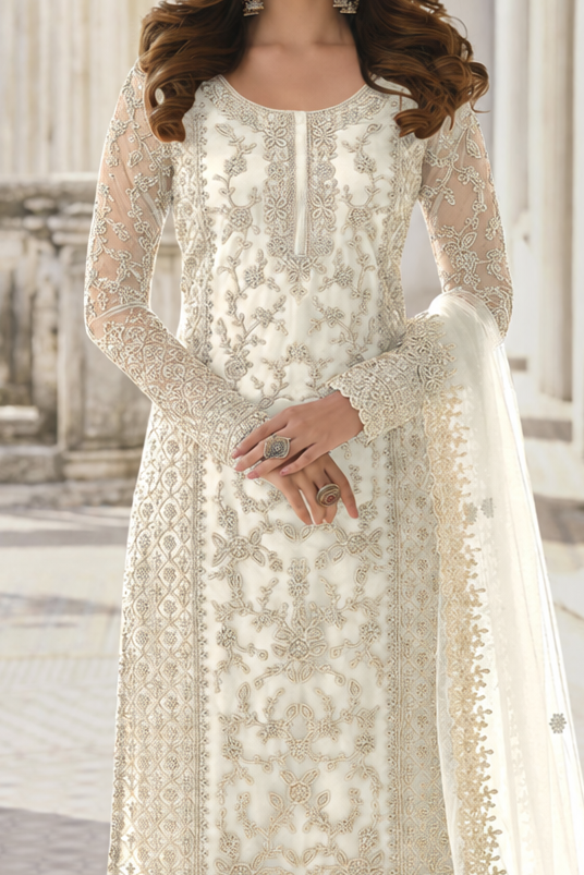 White Net Kameez Plazzo Suit For Indian Wedding & Pakistani Festival Dress - Embroidery Work
