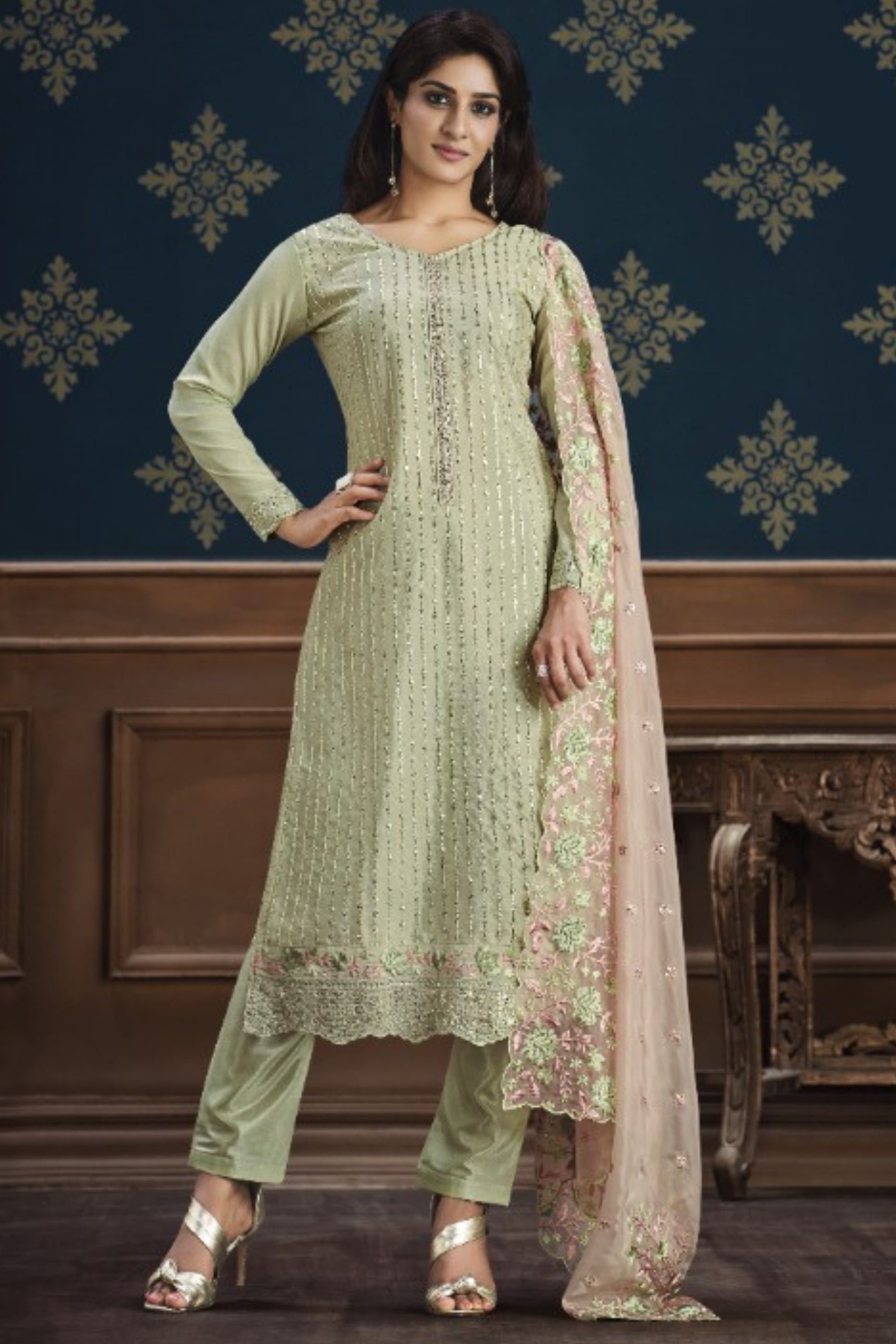 Light Pastel Chinnon Silk Kameez with Pant For Indian Suit Festivals & Pakistani Weddings - Embroidery Work