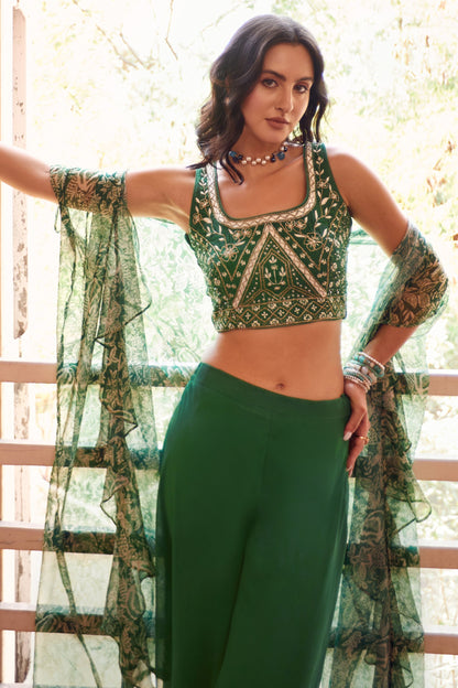 Green Georgette Sharara Choli For Indian Festivals & Weddings - Thread Embroidery Work, Hand Embellishment, Mirror Work