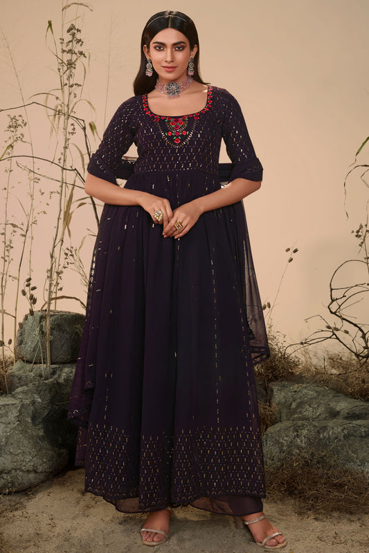 Purple Pakistani Georgette Plazo For Indian Festivals & Weddings - Sequence Embroidery Work, Thread Embroidery Work,