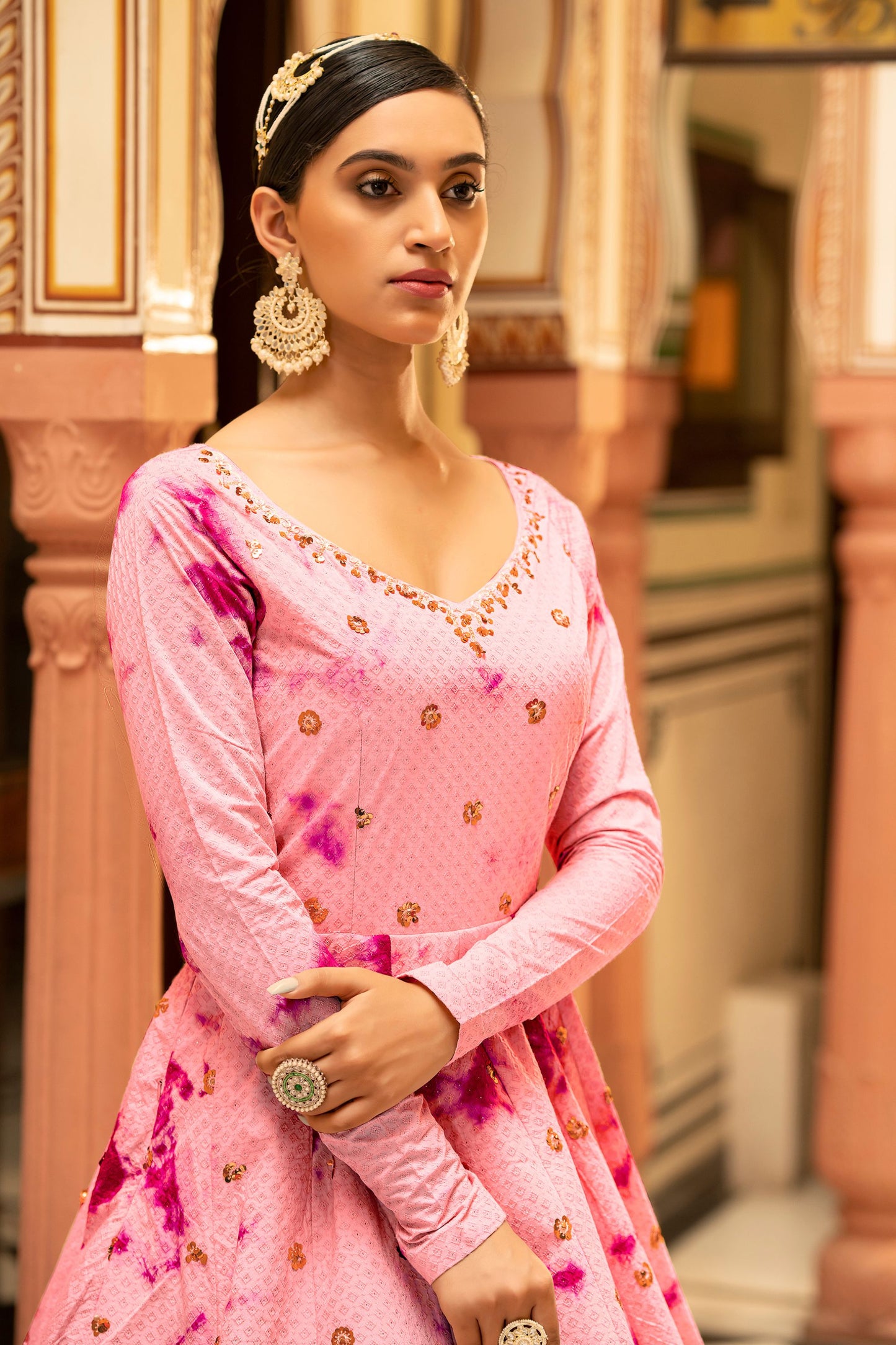 Pink Pakistani Cotton Printed Gown For Indian Festivals & Weddings - Print Work, Sequence Embroidery Work,