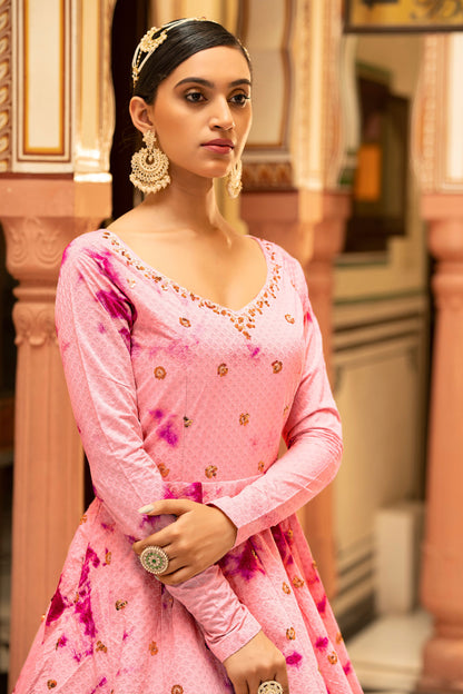 Pink Pakistani Cotton Printed Gown For Indian Festivals & Weddings - Print Work, Sequence Embroidery Work,