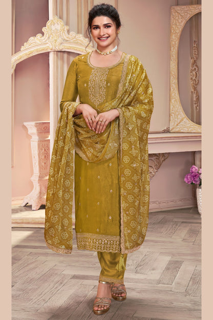 Dark Yellow Georgette Silk Kameez with Pant For Indian Suit Festivals & Pakistani Weddings - Embroidery Work