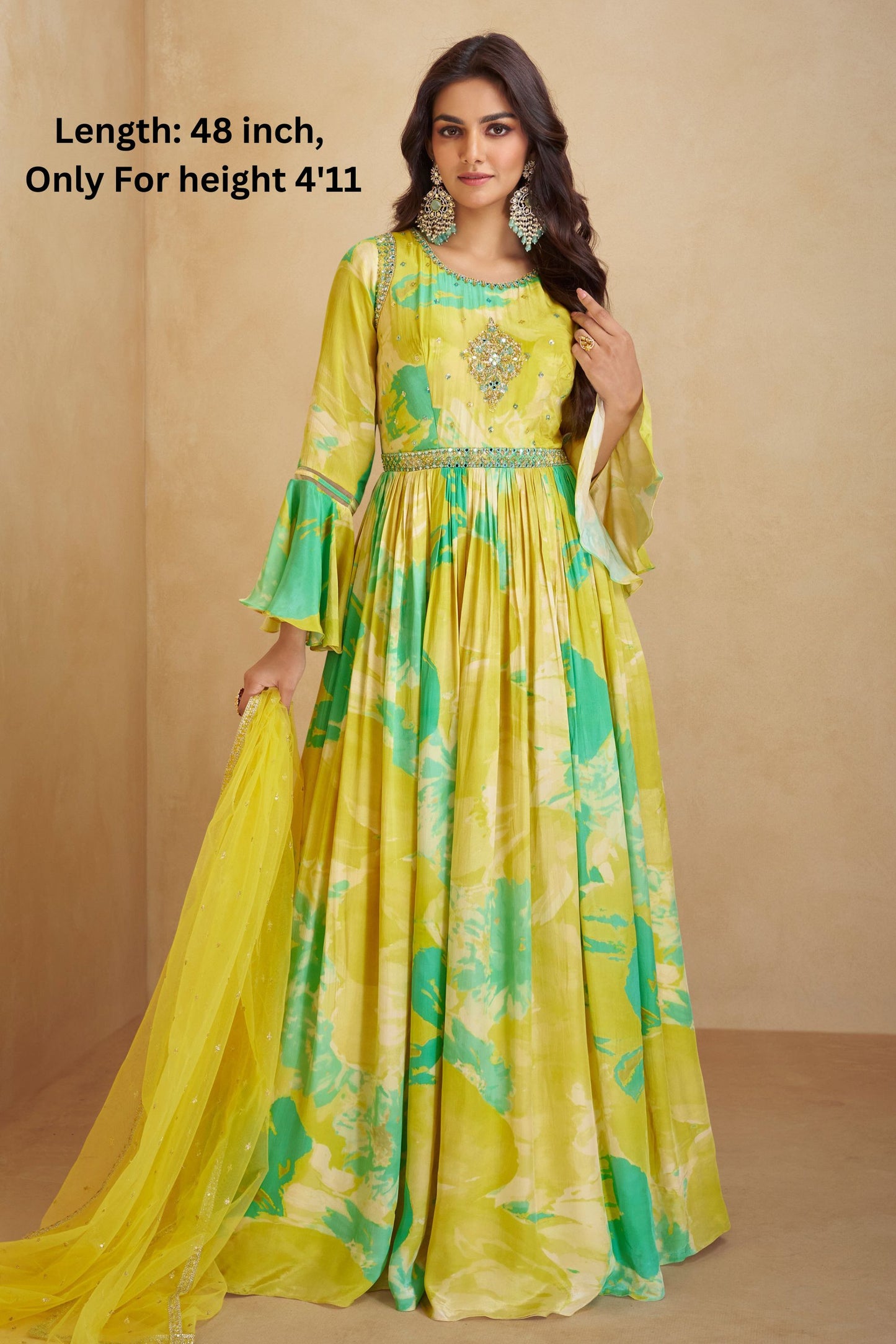 Yellow Chinon Silk Short Length Flower Printed Anarkali Gown Suit LENGTH 48 Inch For Indian Festivals & Receptions - Real Mirror Work, Embroidery Work, Print Work