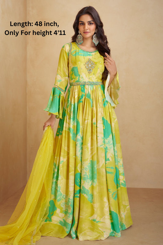 Yellow Chinon Silk Short Length Flower Printed Anarkali Gown Suit LENGTH 48 Inch For Indian Festivals & Receptions - Real Mirror Work, Embroidery Work, Print Work