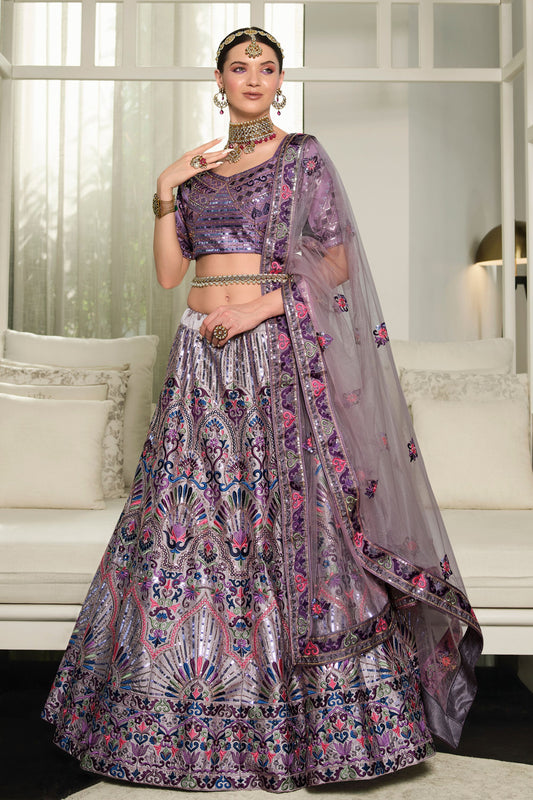 Purple Silk Lehenga Choli For Indian Weddings & Festivals - Thread Work, Sequence Embroidery Work